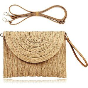 New Women woven Envelope Straw Tan Clutch Handbag Summer Beach Straw Purse